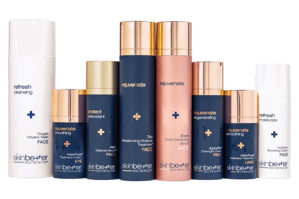 Medical-grade skincare products recommended by Skin Luxe on display at the med spa